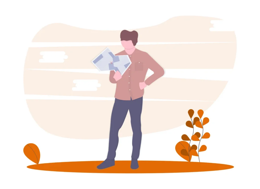 Illustration: a man studies a map, standing in front of an orange horizon