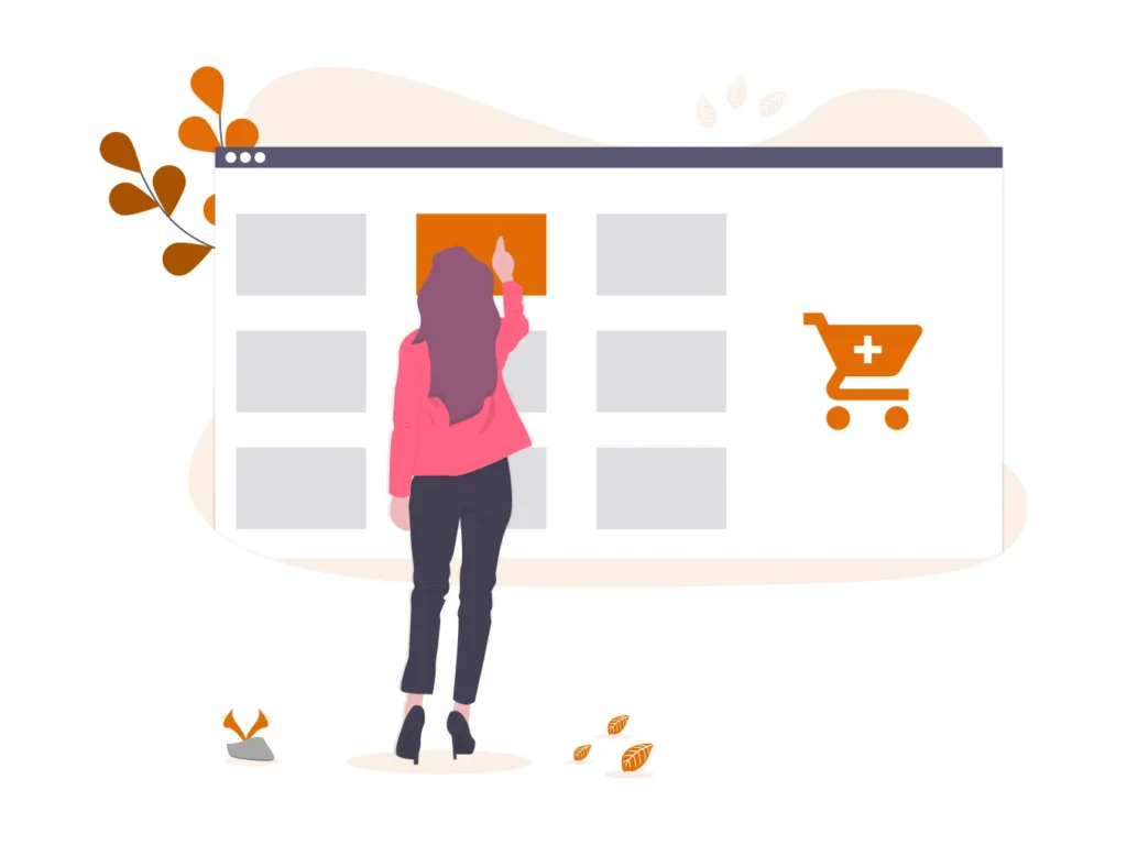 Illustration: a shopper picks a product from an online store, with a shopping cart icon beside it