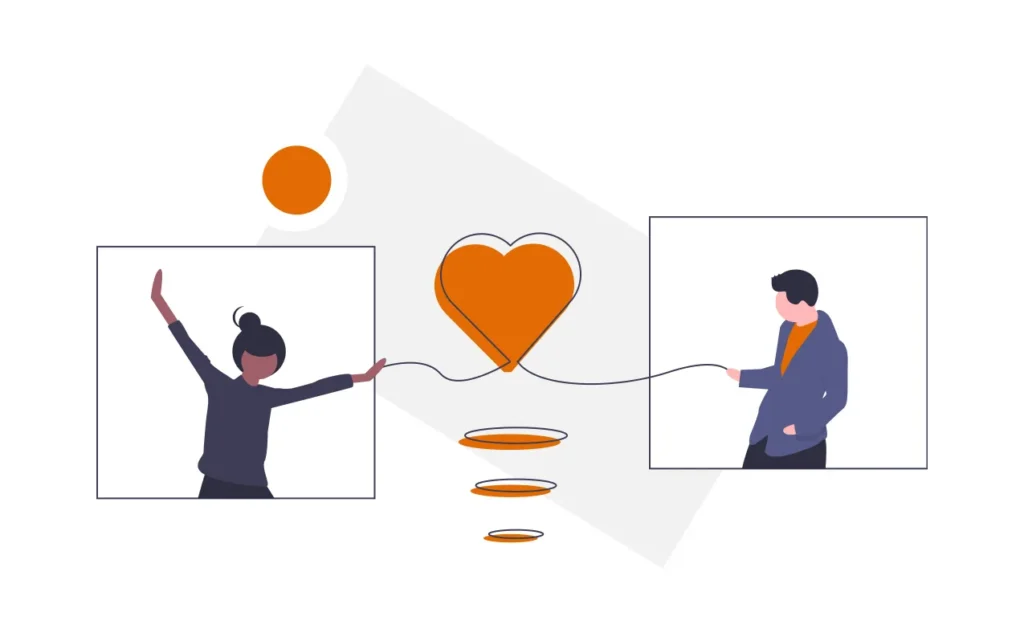 Illustration: two people in separate frames, joined by a line that runs through an orange heart