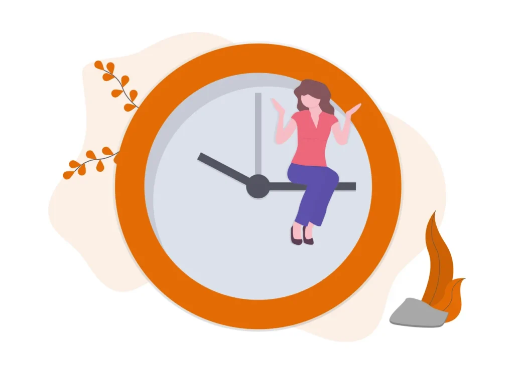 Illustration: a woman sits on the hand of a large orange clock