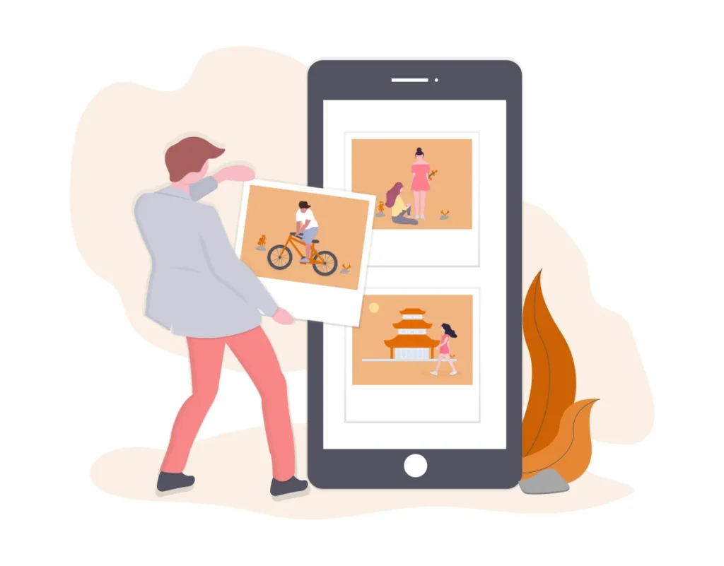 Illustration: a man holds up a photo next to a phone showing a feed of pictures