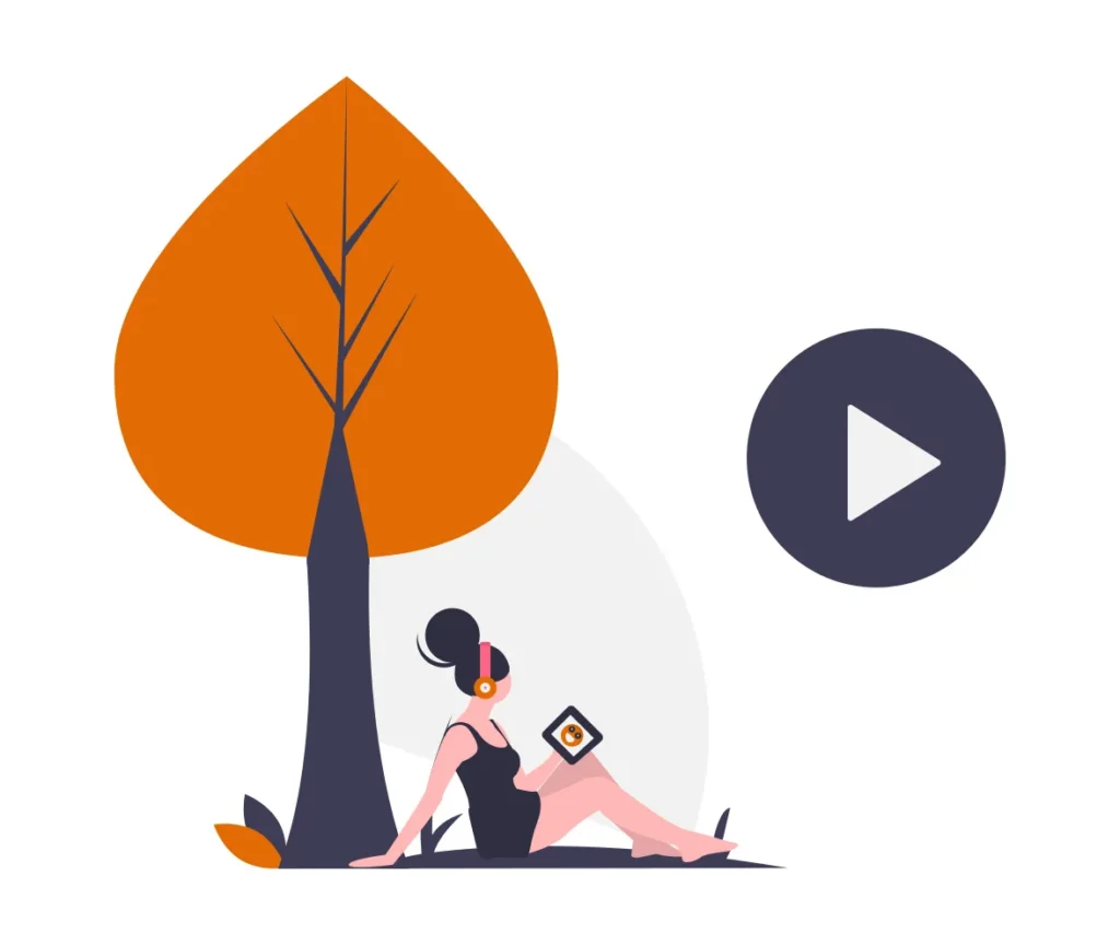 Illustration: a woman with headphones watches a video on a tablet under a tree, beside a large play button