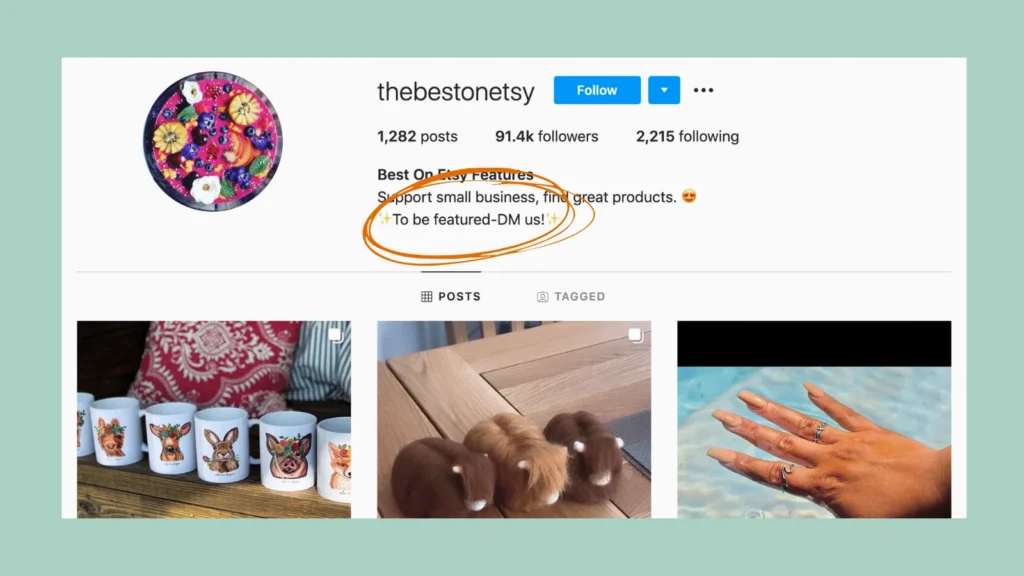 Profile of an Instagram feature page with 91.4k followers, its bio line 'To be featured - DM us!' circled