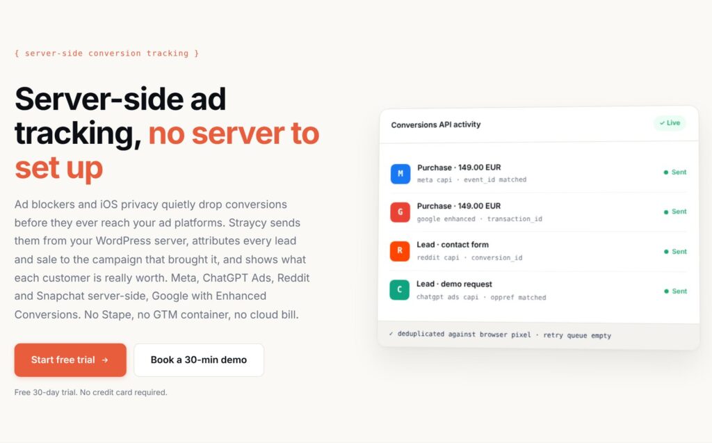 Straycy homepage: server-side ad tracking, no server to set up