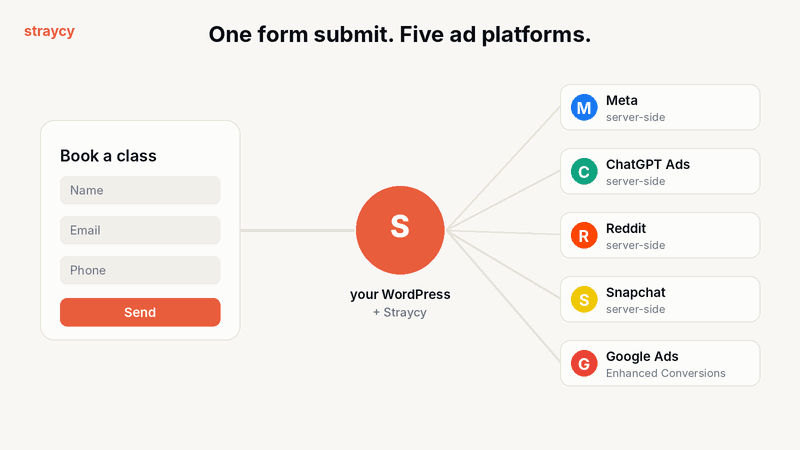 Animation: one form submit goes from WordPress to Meta, ChatGPT Ads, Reddit, Snapchat and Google Ads
