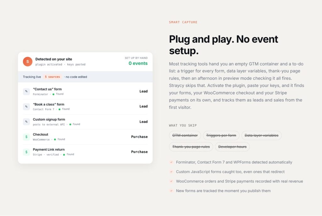 Straycy smart capture: forms, WooCommerce checkout and Stripe payments detected automatically